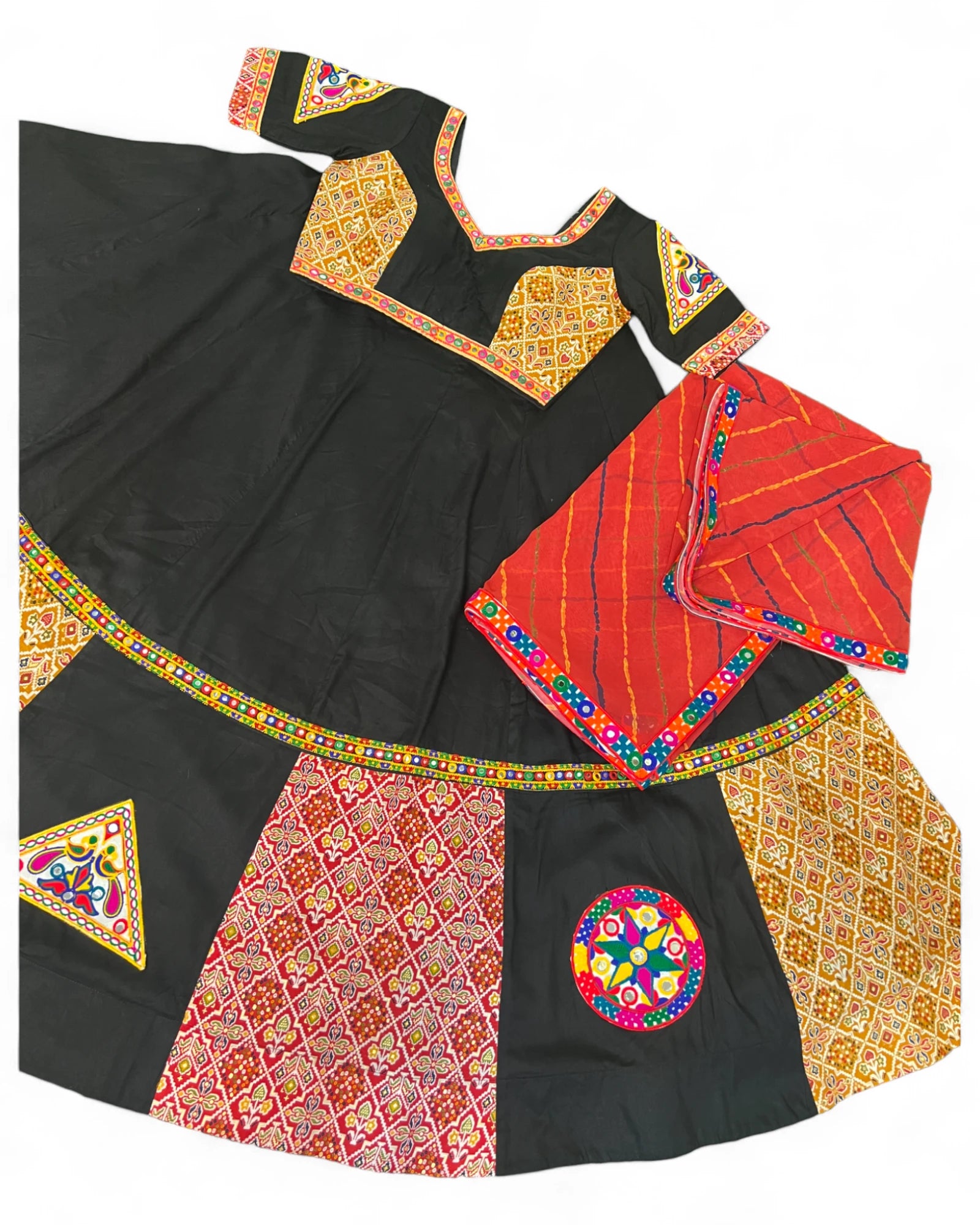 Black gamthi print mirror navratri gujarati garba lehenga chaniya choli