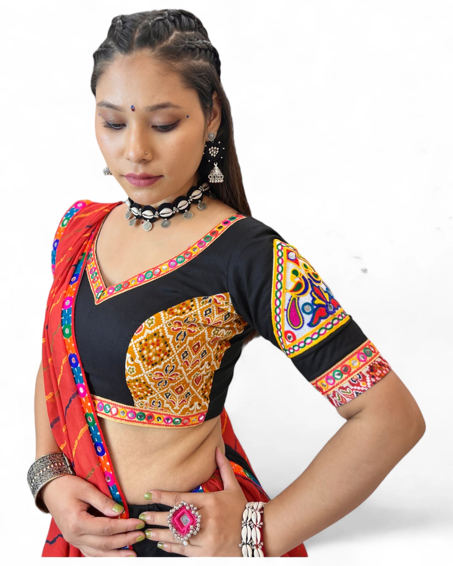 Black gamthi print mirror navratri gujarati garba lehenga chaniya choli