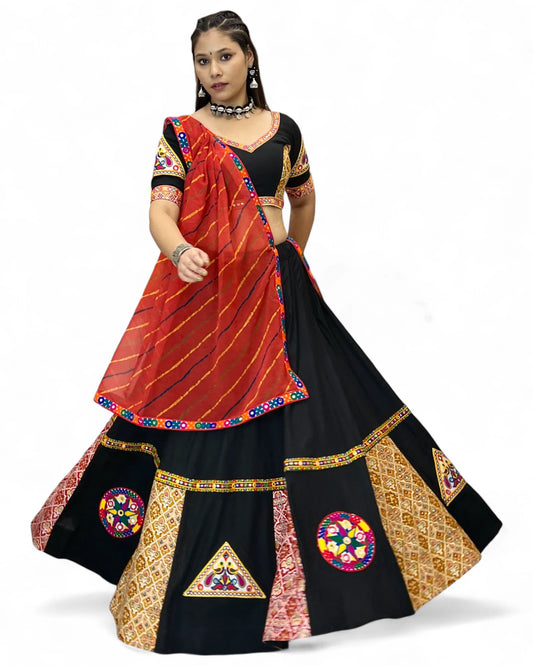 Black gamthi print mirror navratri gujarati garba lehenga chaniya choli