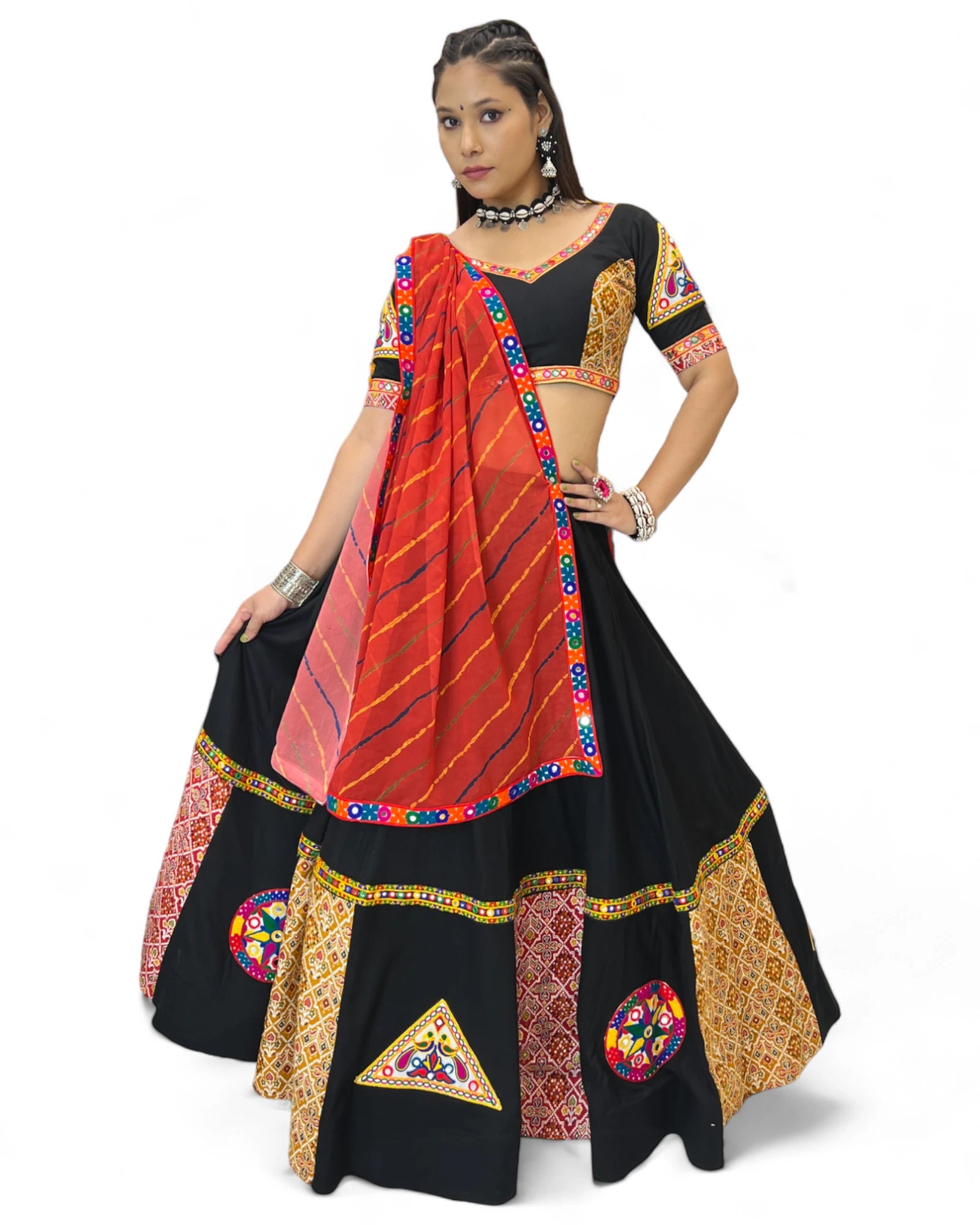 Black gamthi print mirror navratri gujarati garba lehenga chaniya choli
