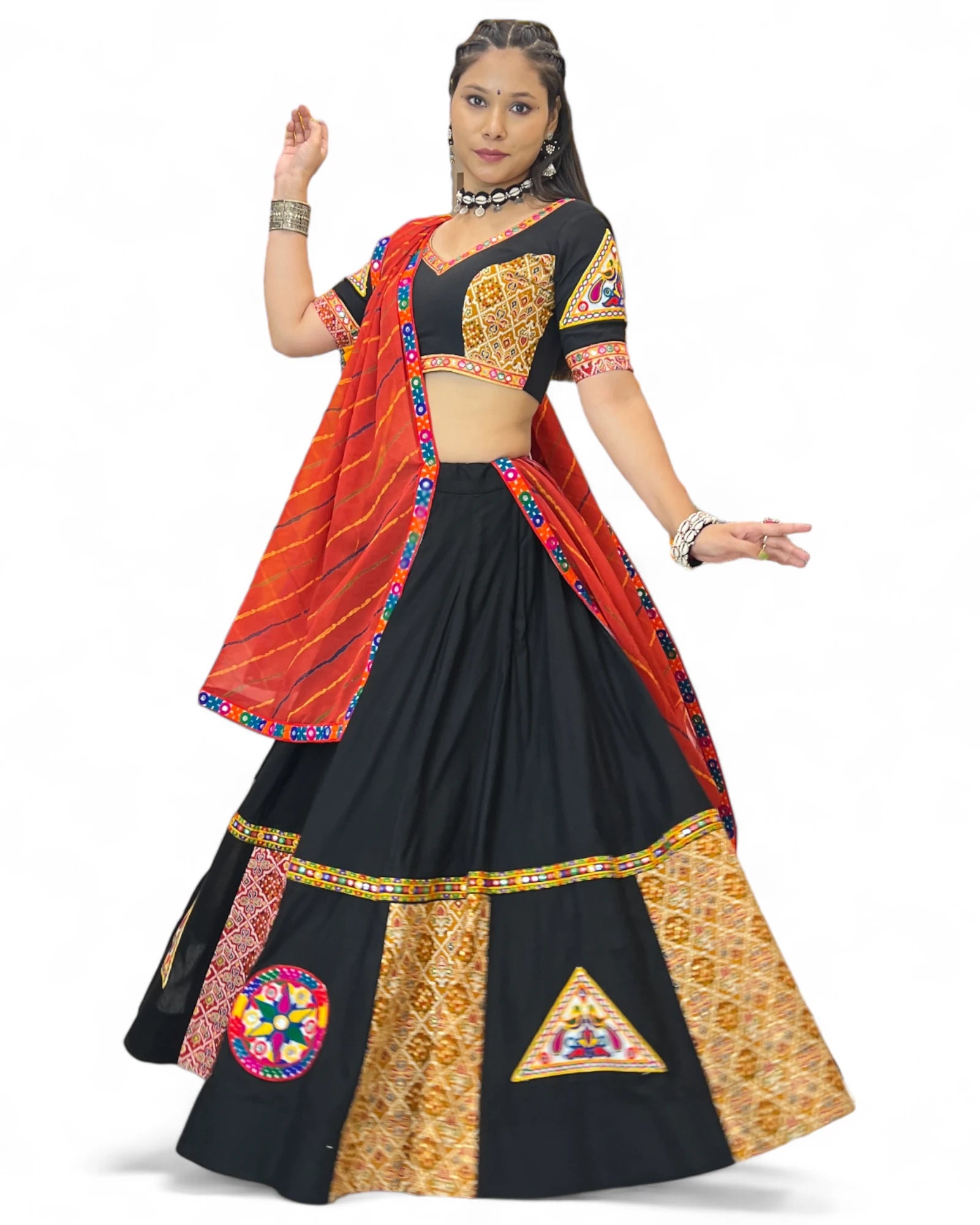 Black gamthi print mirror navratri gujarati garba lehenga chaniya choli
