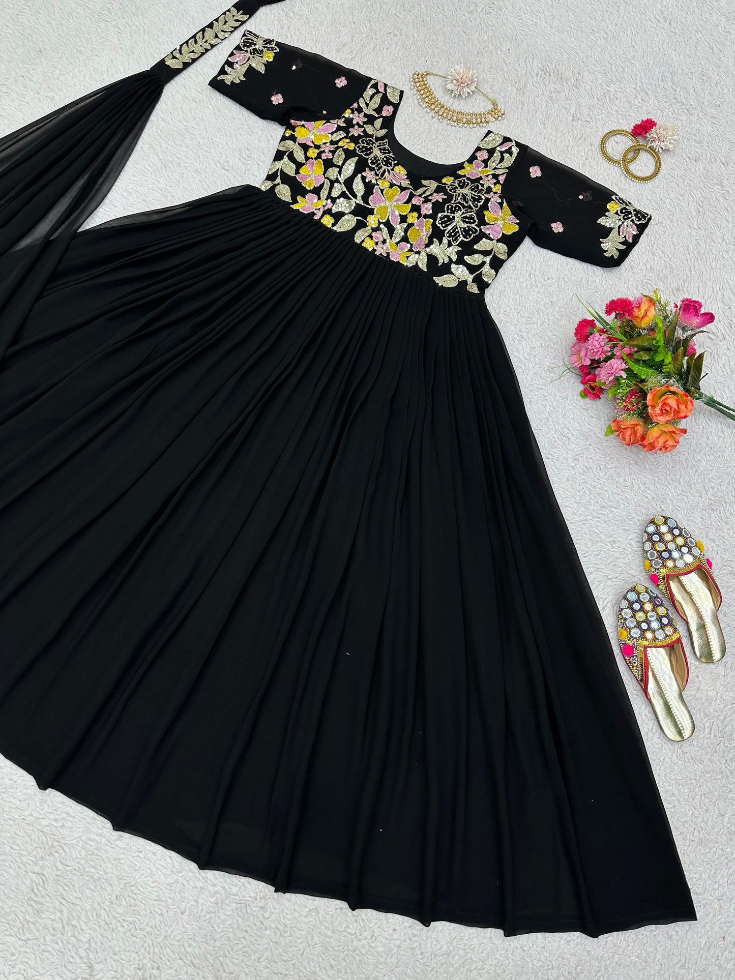 Black georgette embroidered party wear anarkali suit gown