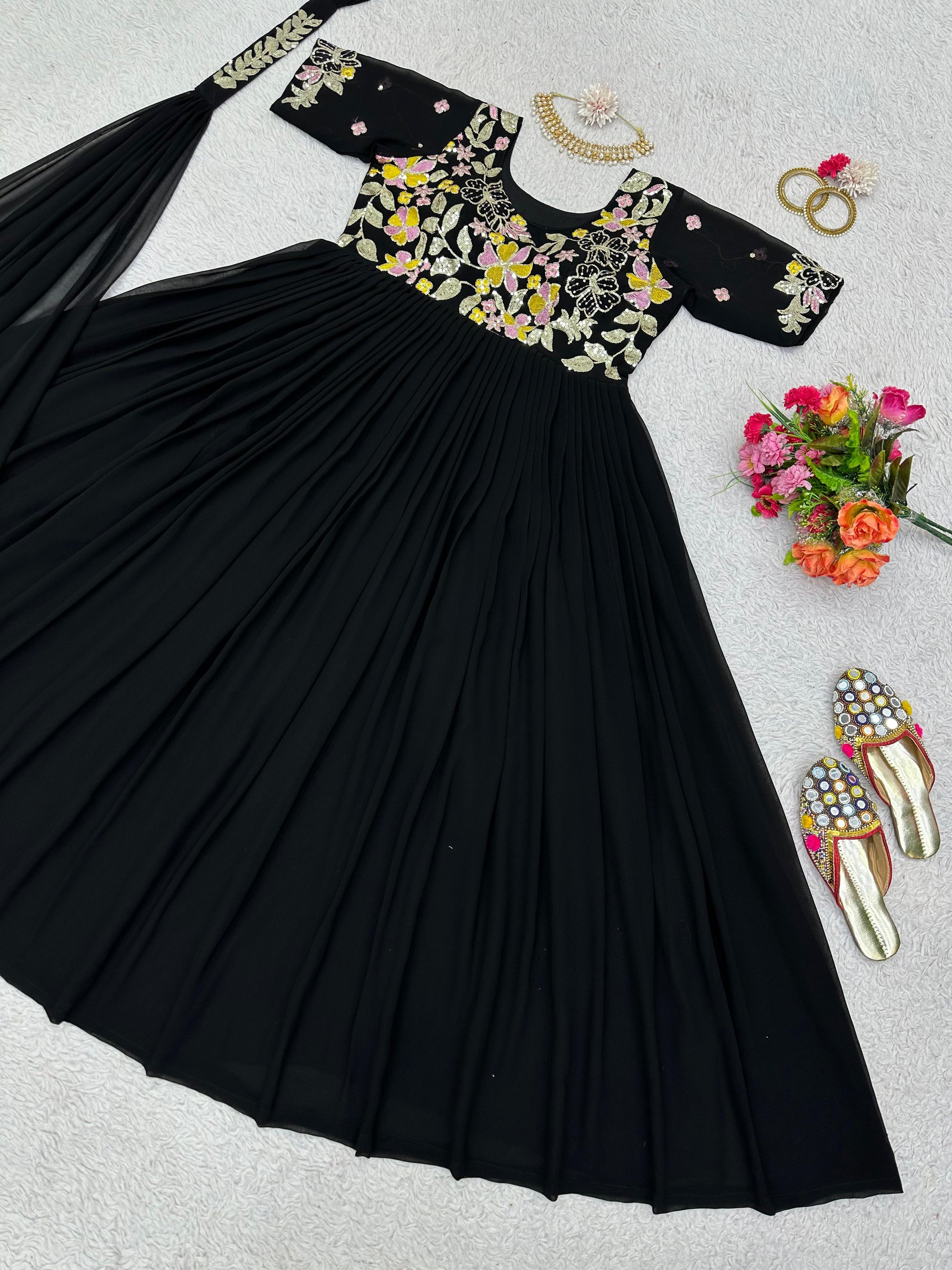 Black georgette embroidered party wear anarkali suit gown