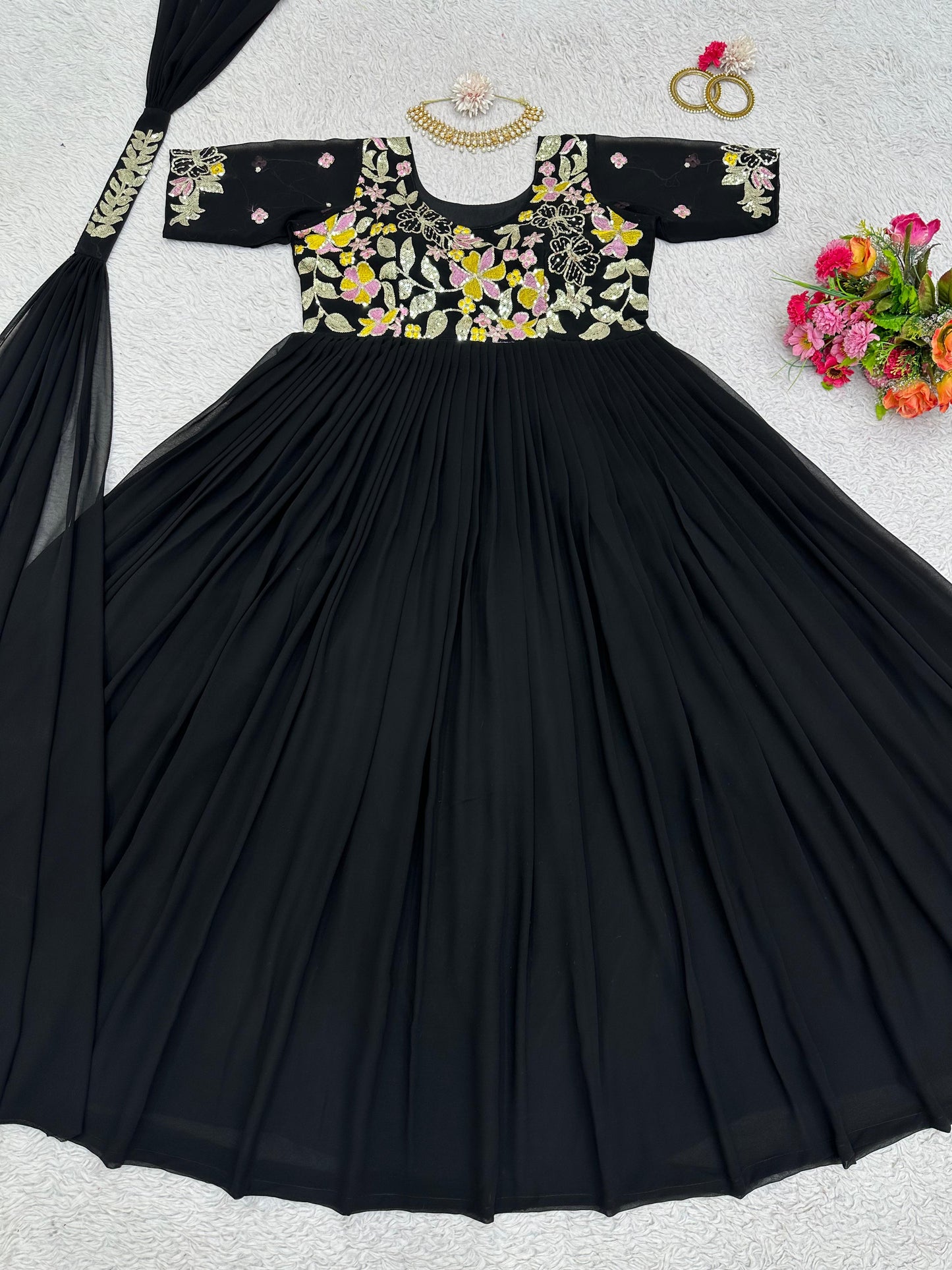 Black georgette embroidered party wear anarkali suit gown