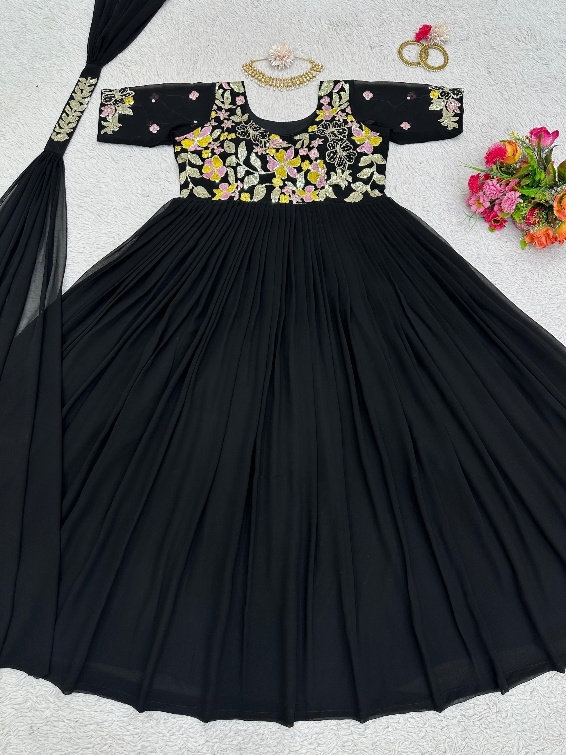 Black georgette embroidered party wear anarkali suit gown