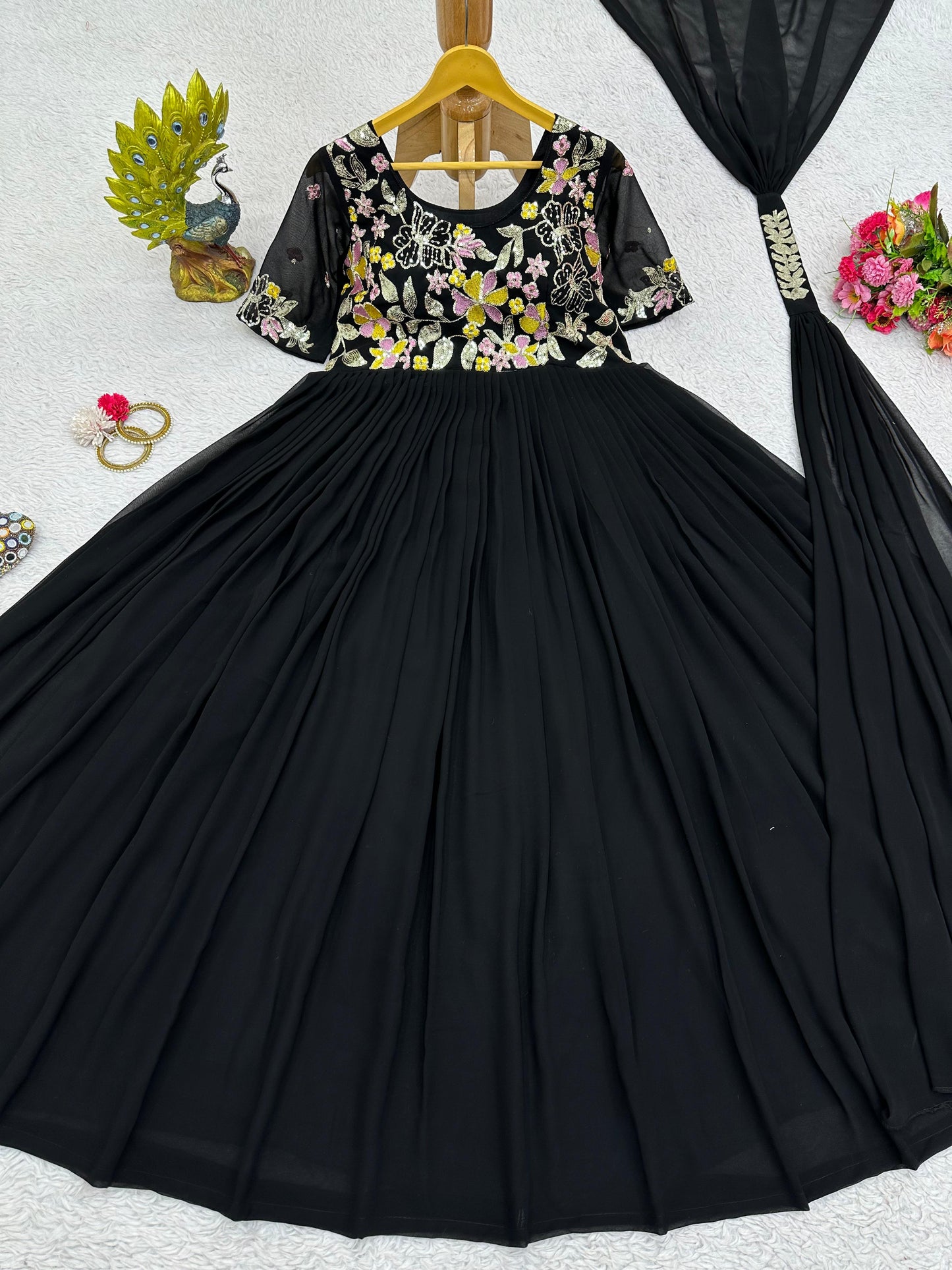 Black georgette embroidered party wear anarkali suit gown