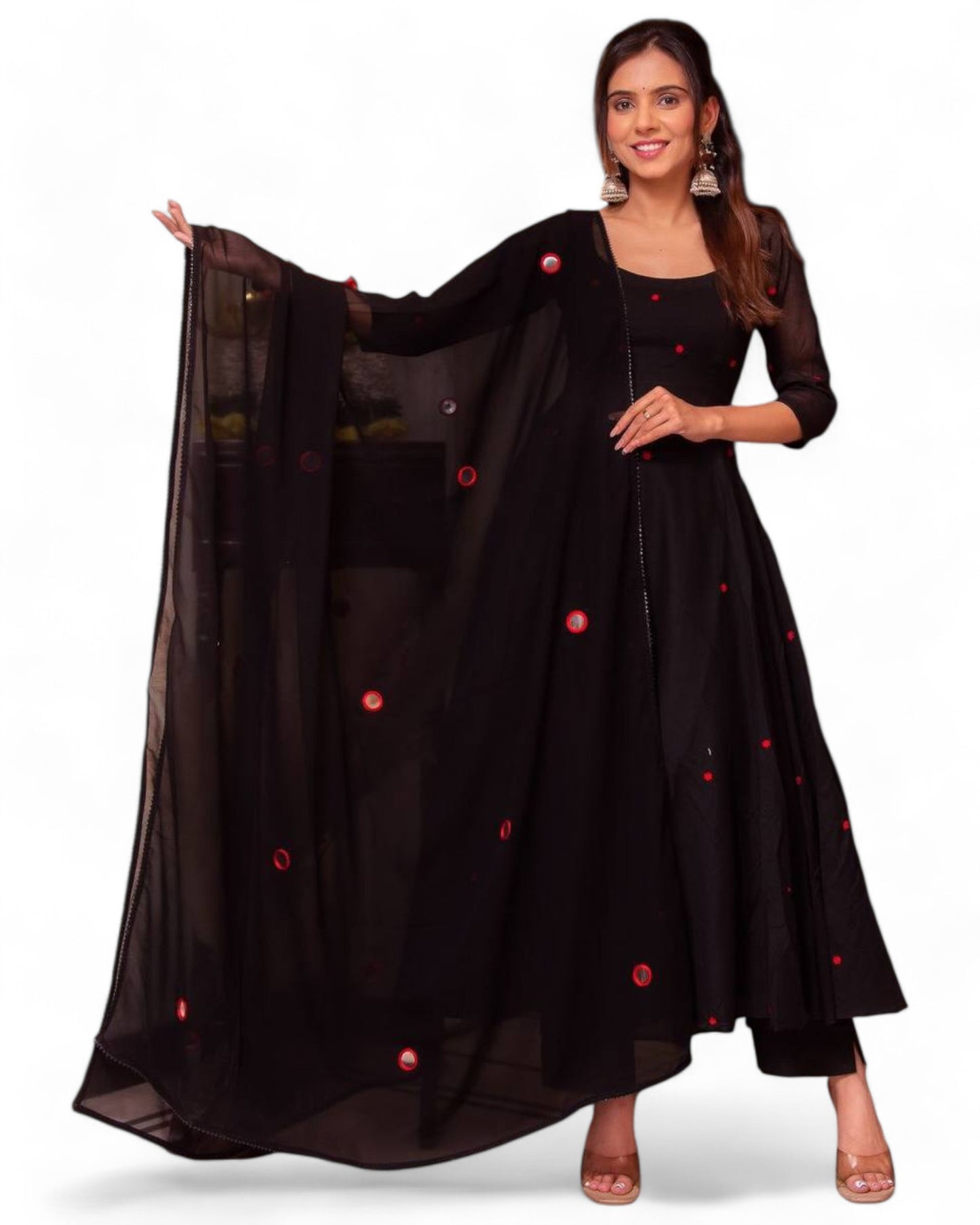 Black georgette stylish red thread work maxi anarkali dress