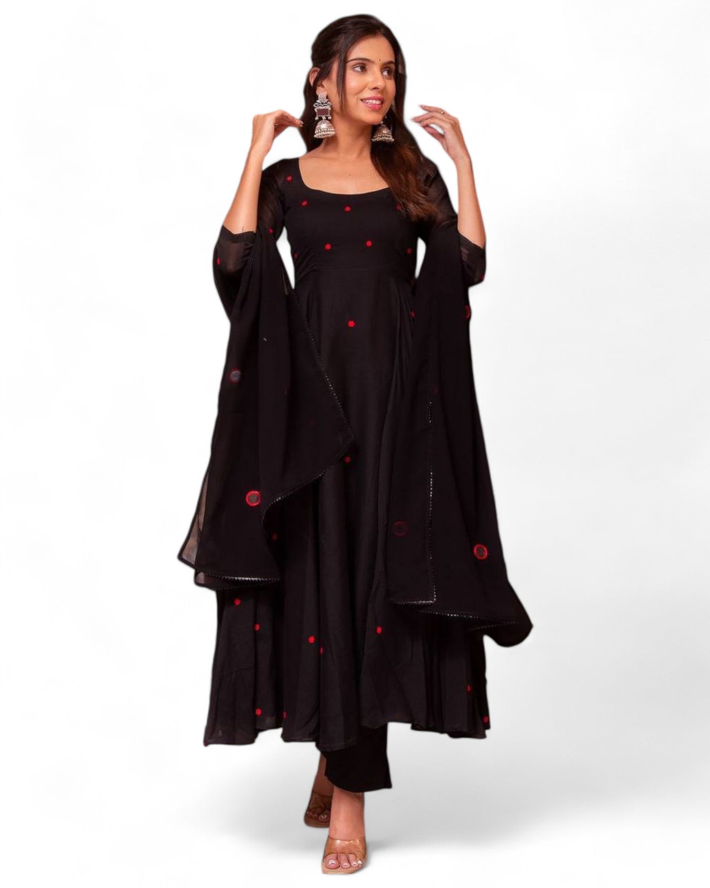 Black georgette stylish red thread work maxi anarkali dress