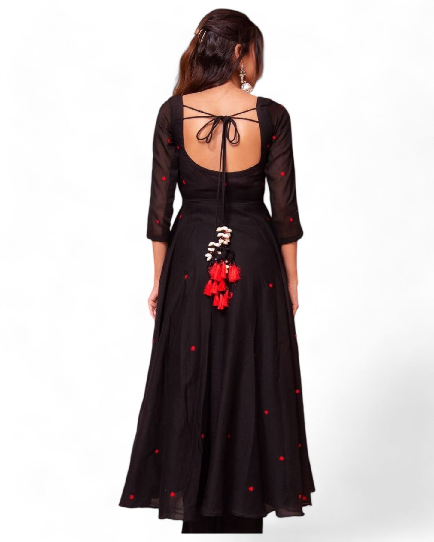 Black georgette stylish red thread work maxi anarkali dress