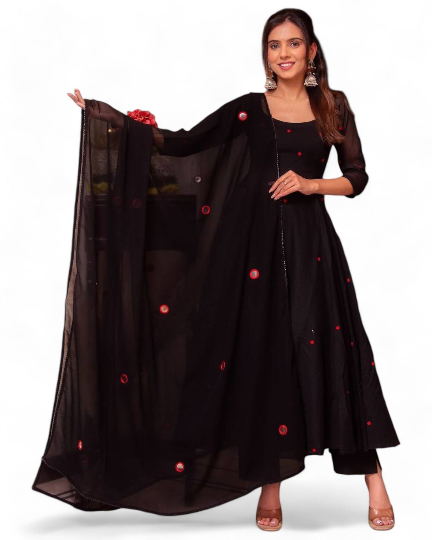 Black georgette stylish red thread work maxi anarkali dress Black A