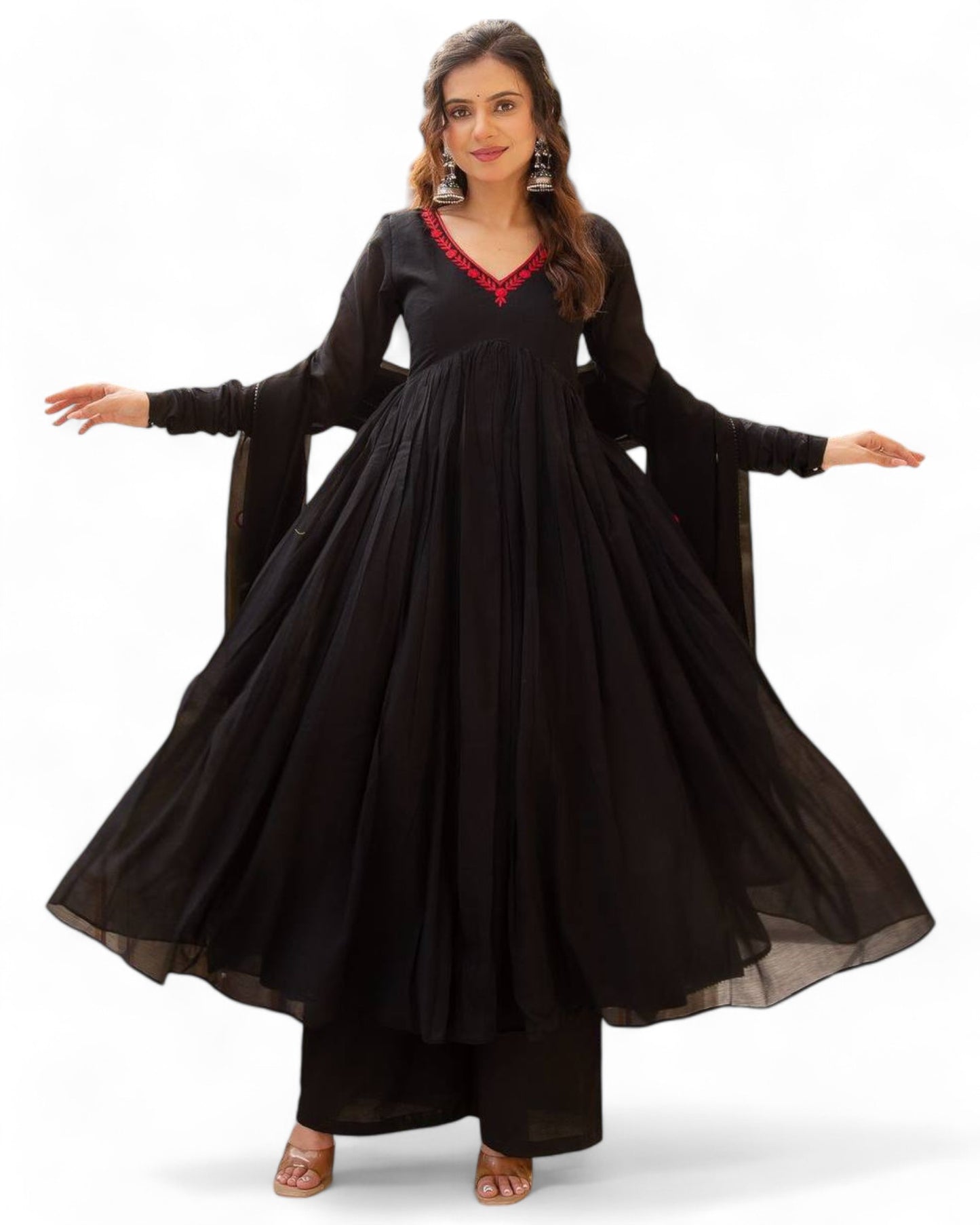 Black georgette stylish red thread work maxi anarkali dress
