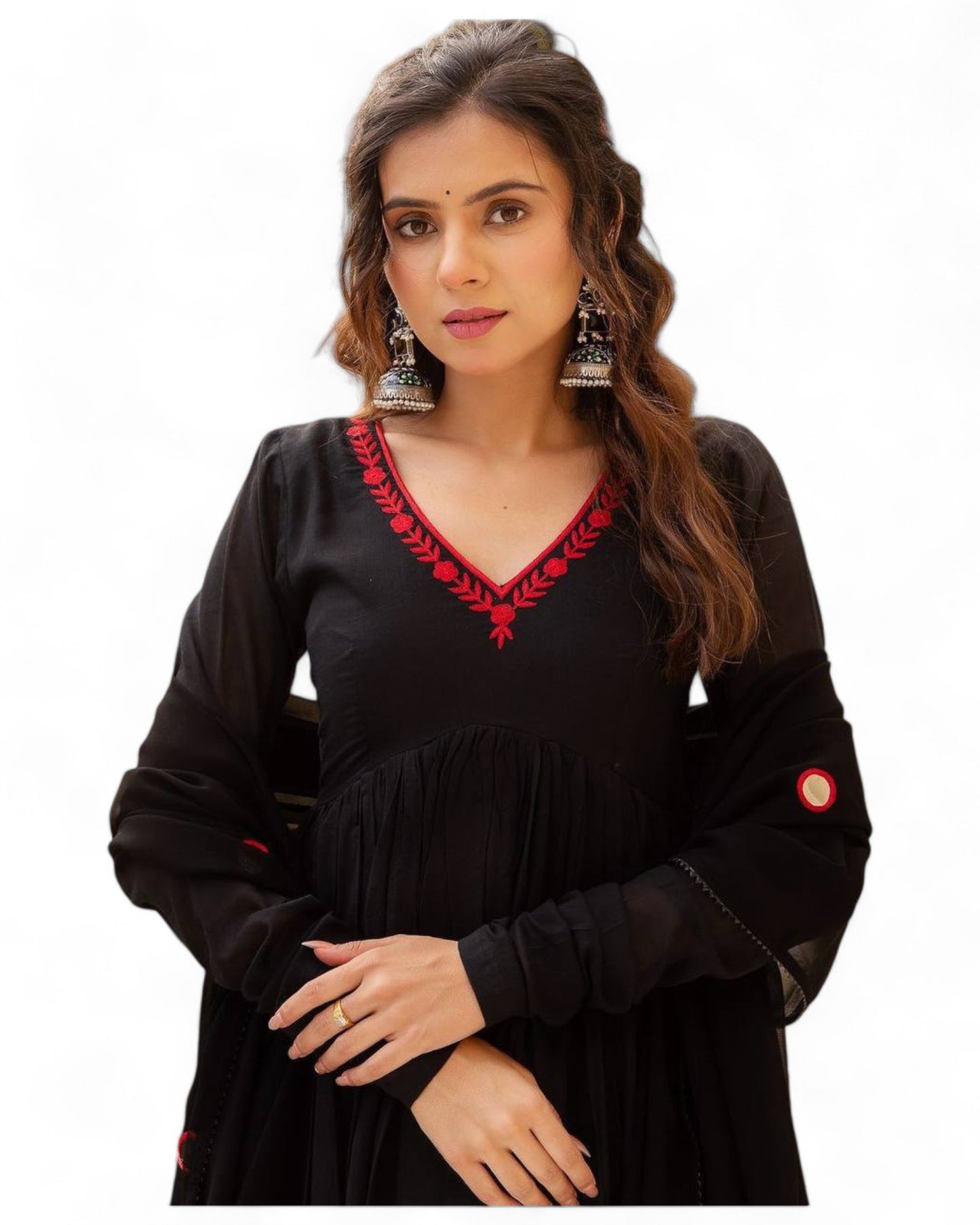 Black georgette stylish red thread work maxi anarkali dress