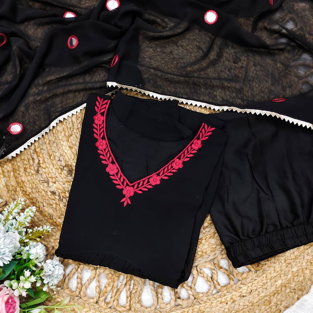 Black georgette stylish red thread work maxi anarkali dress