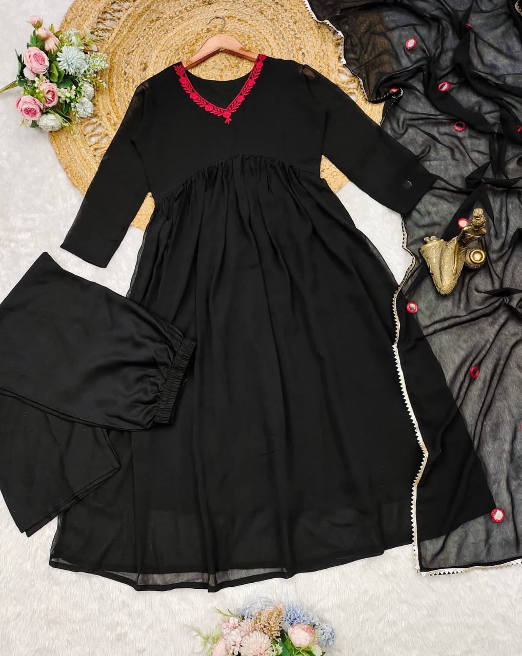 Black georgette stylish red thread work maxi anarkali dress