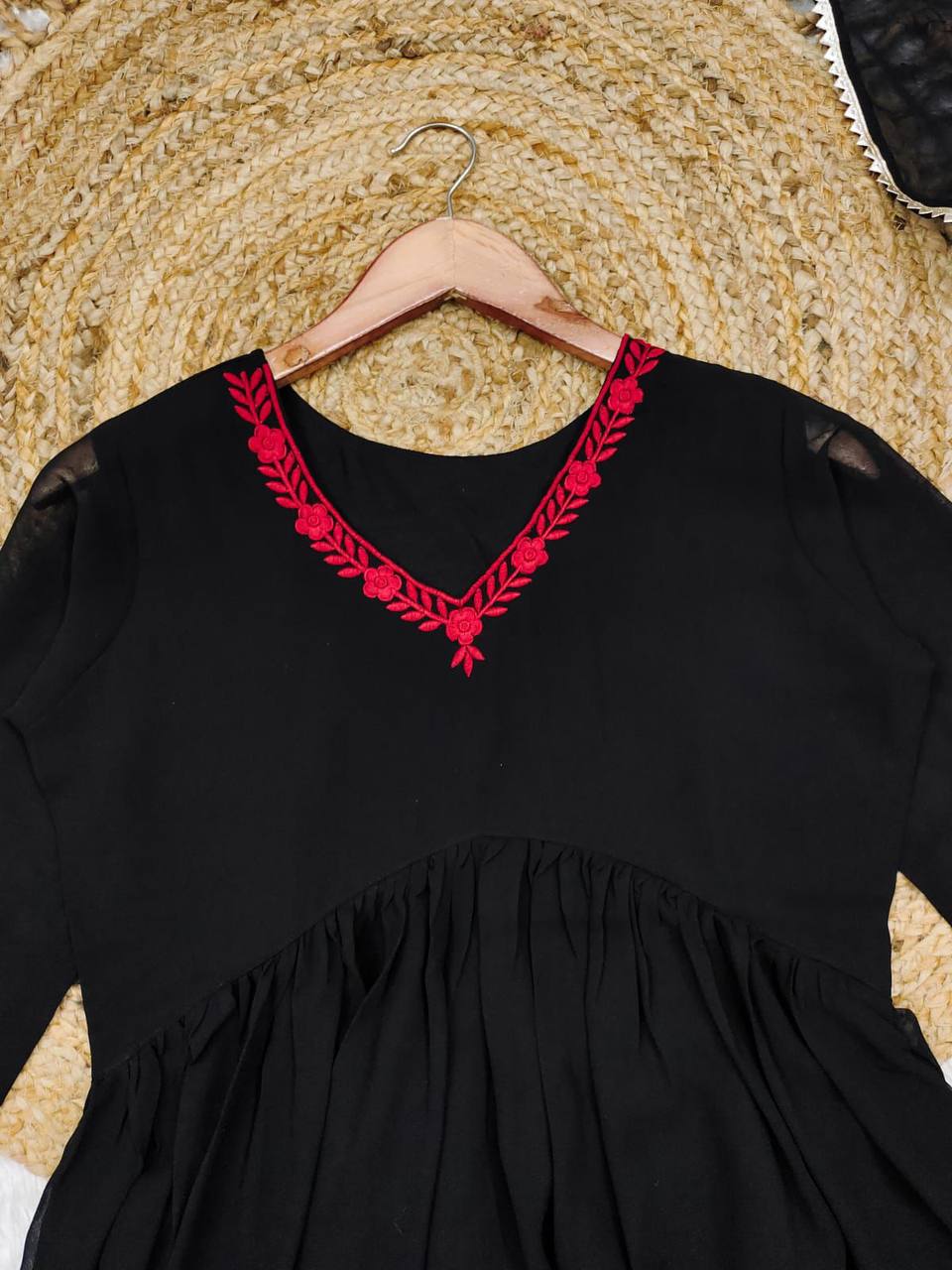Black georgette stylish red thread work maxi anarkali dress