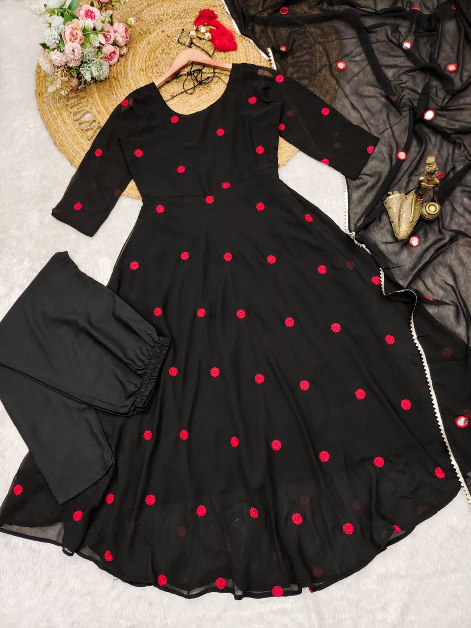 Black georgette stylish red thread work maxi anarkali dress