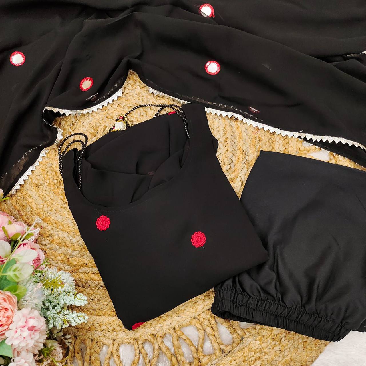 Black georgette stylish red thread work maxi anarkali dress