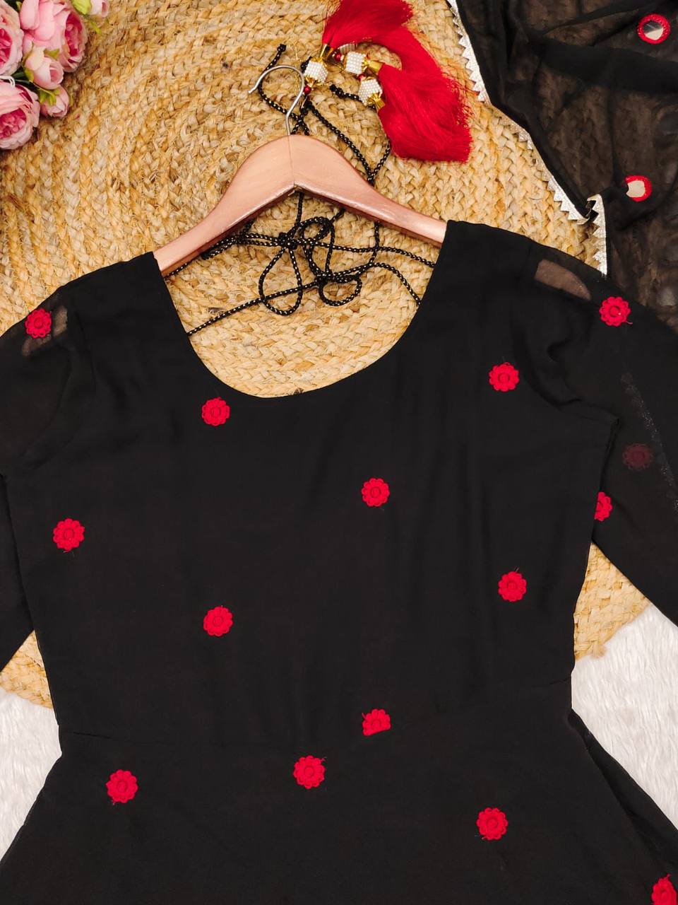 Black georgette stylish red thread work maxi anarkali dress