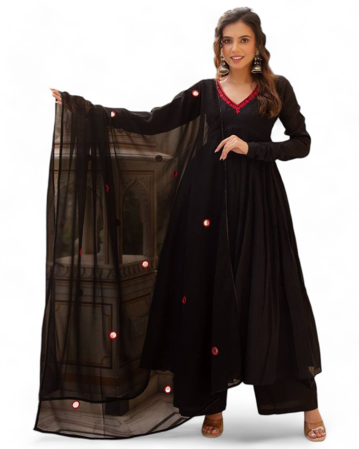 Black georgette stylish red thread work maxi anarkali dress