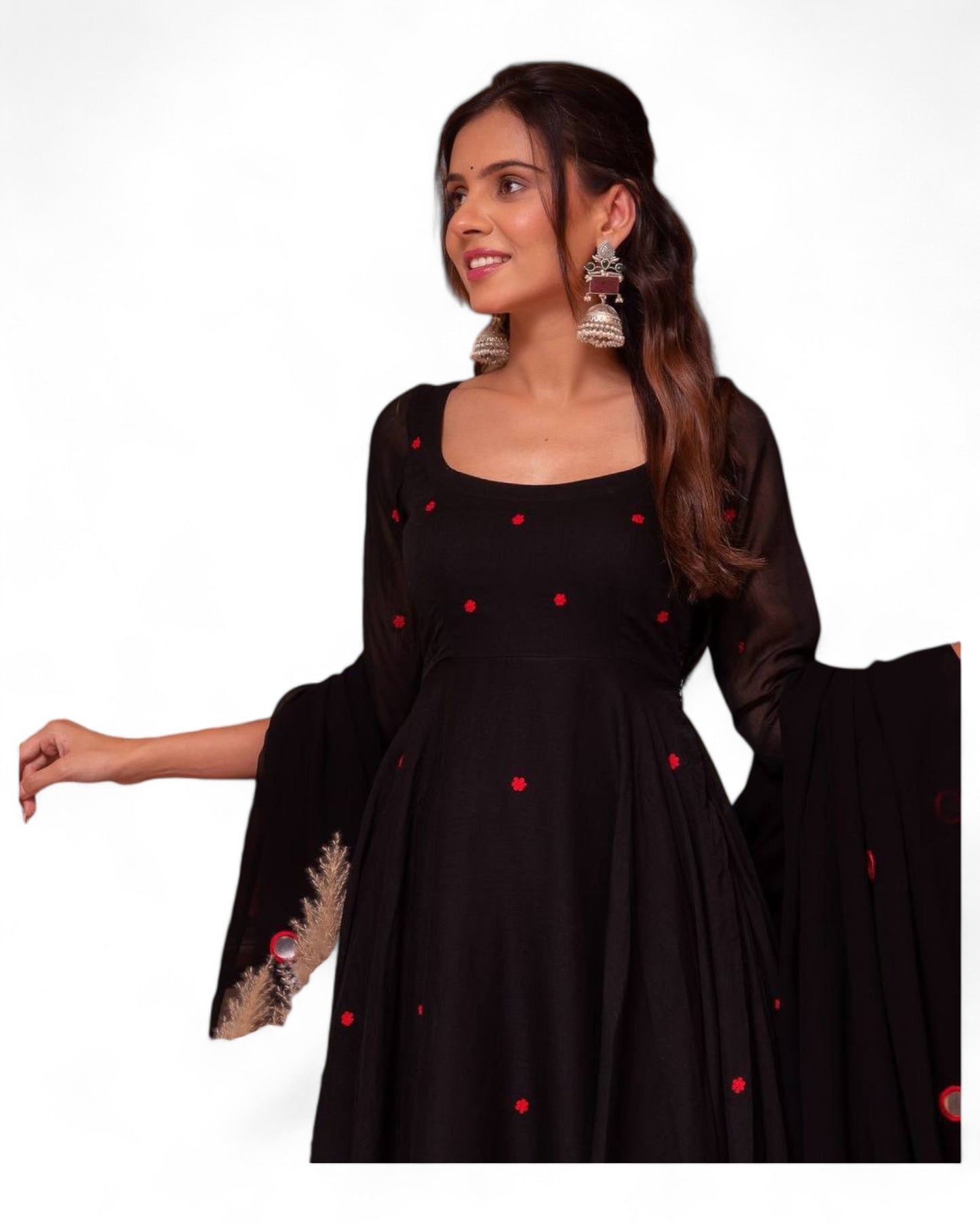Black georgette stylish red thread work maxi anarkali dress