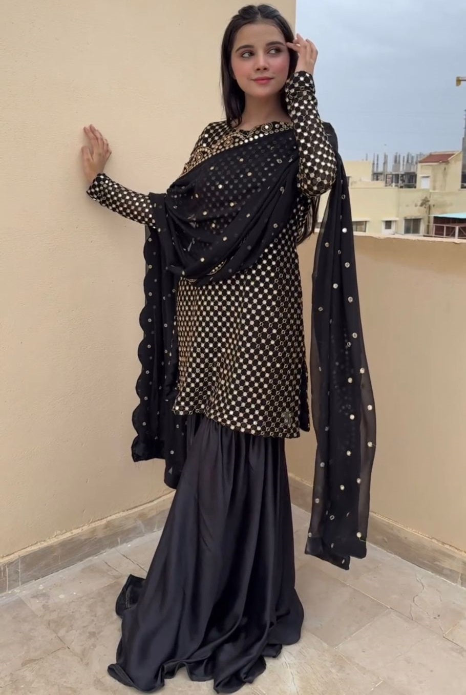 Black georgette thread sequin work designer sharara suit