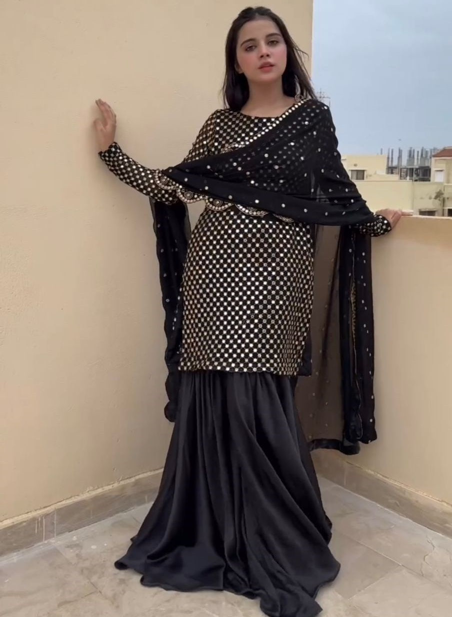 Black georgette thread sequin work designer sharara suit