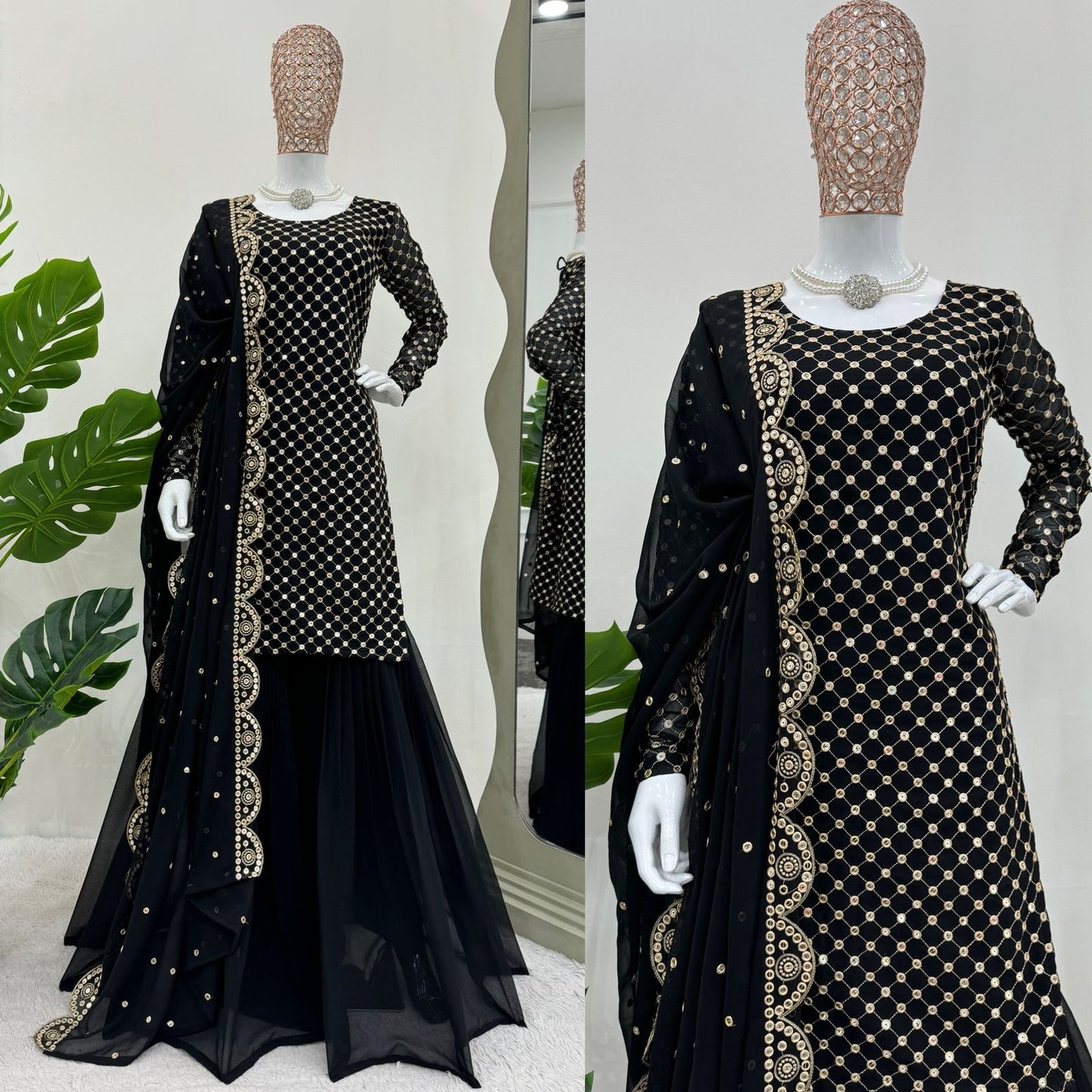 Black georgette thread sequin work designer sharara suit