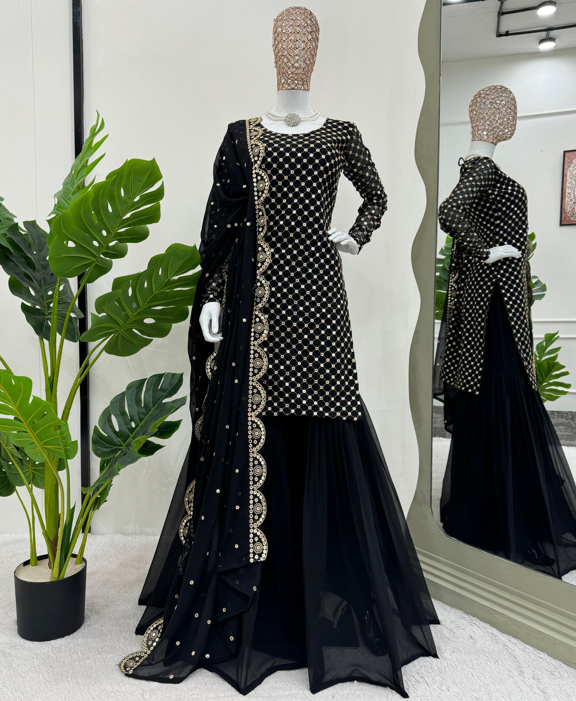 Black georgette thread sequin work designer sharara suit