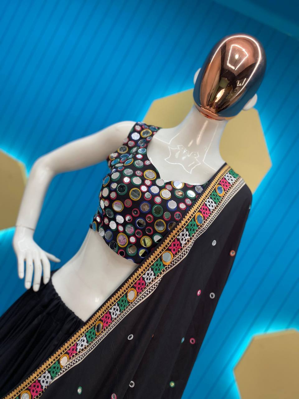 Black printed navratri gujarati garba mirror work lehenga chaniya choli