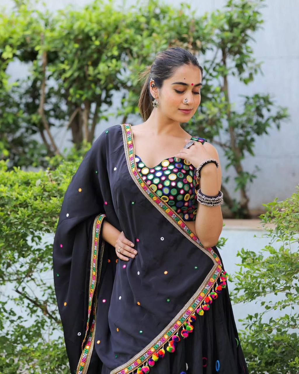 Black printed navratri gujarati garba mirror work lehenga chaniya choli