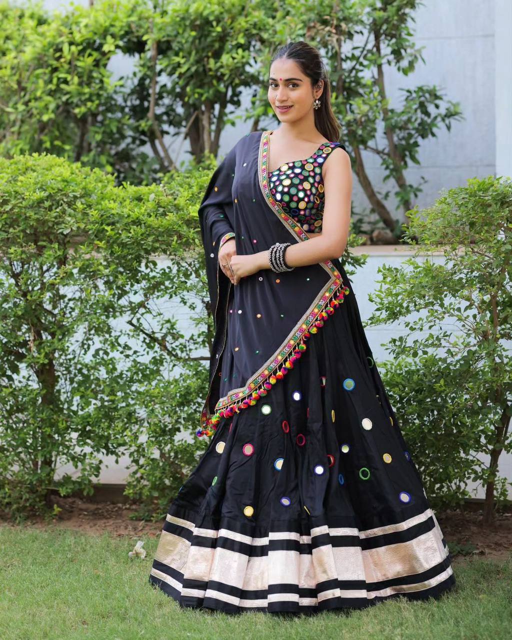 Black printed navratri gujarati garba mirror work lehenga chaniya choli