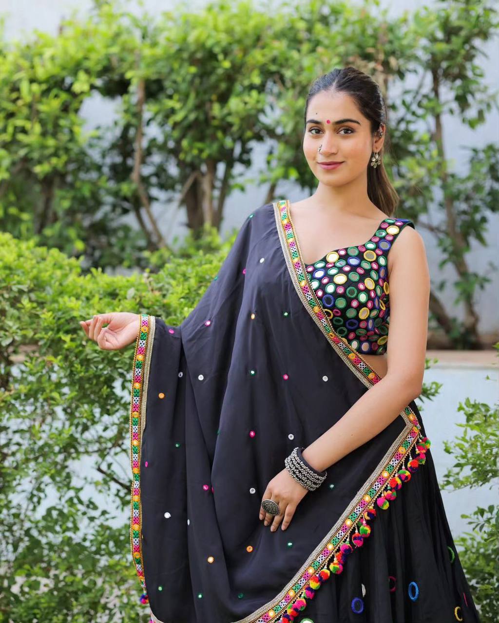 Black printed navratri gujarati garba mirror work lehenga chaniya choli