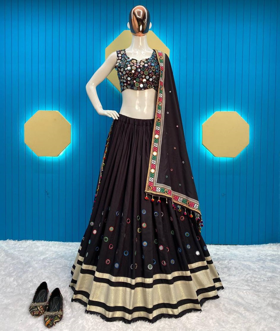 Black printed navratri gujarati garba mirror work lehenga chaniya choli
