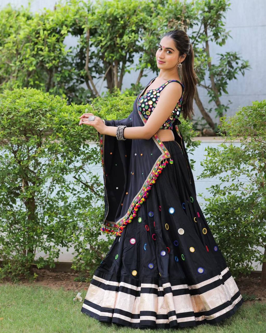 Black printed navratri gujarati garba mirror work lehenga chaniya choli