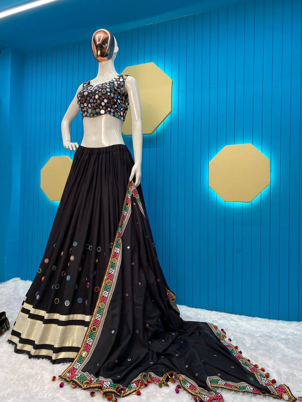 Black printed navratri gujarati garba mirror work lehenga chaniya choli