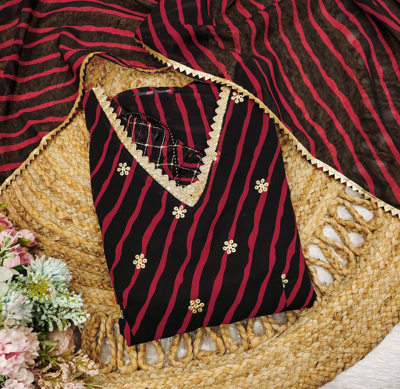 Black red stripe printed georgette gown with dupatta