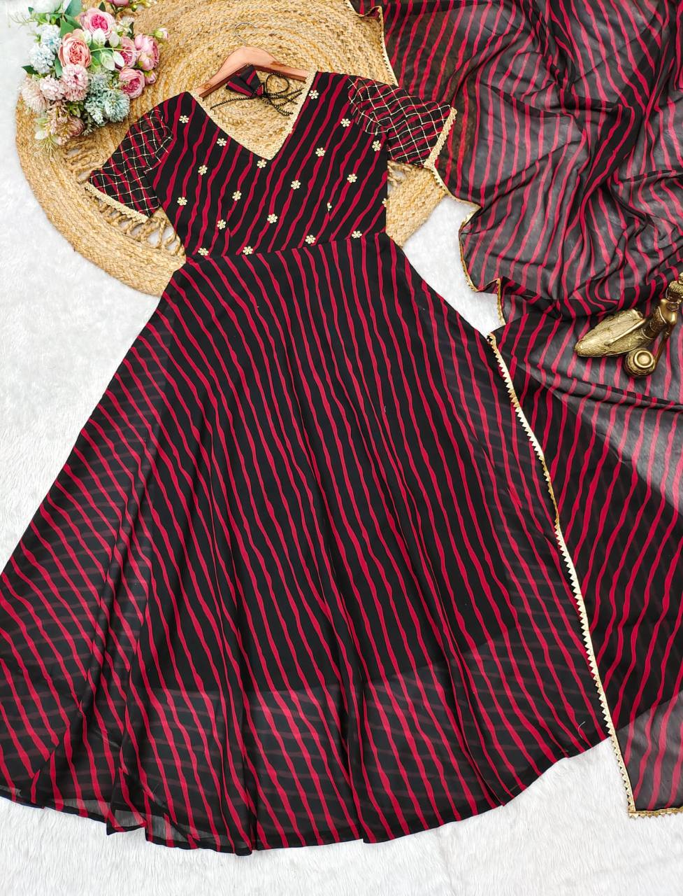 Black red stripe printed georgette gown with dupatta