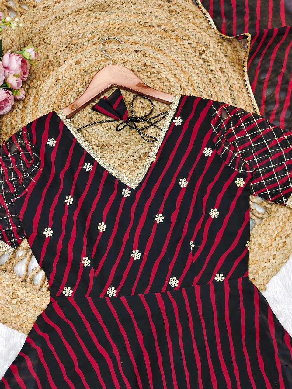 Black red stripe printed georgette gown with dupatta