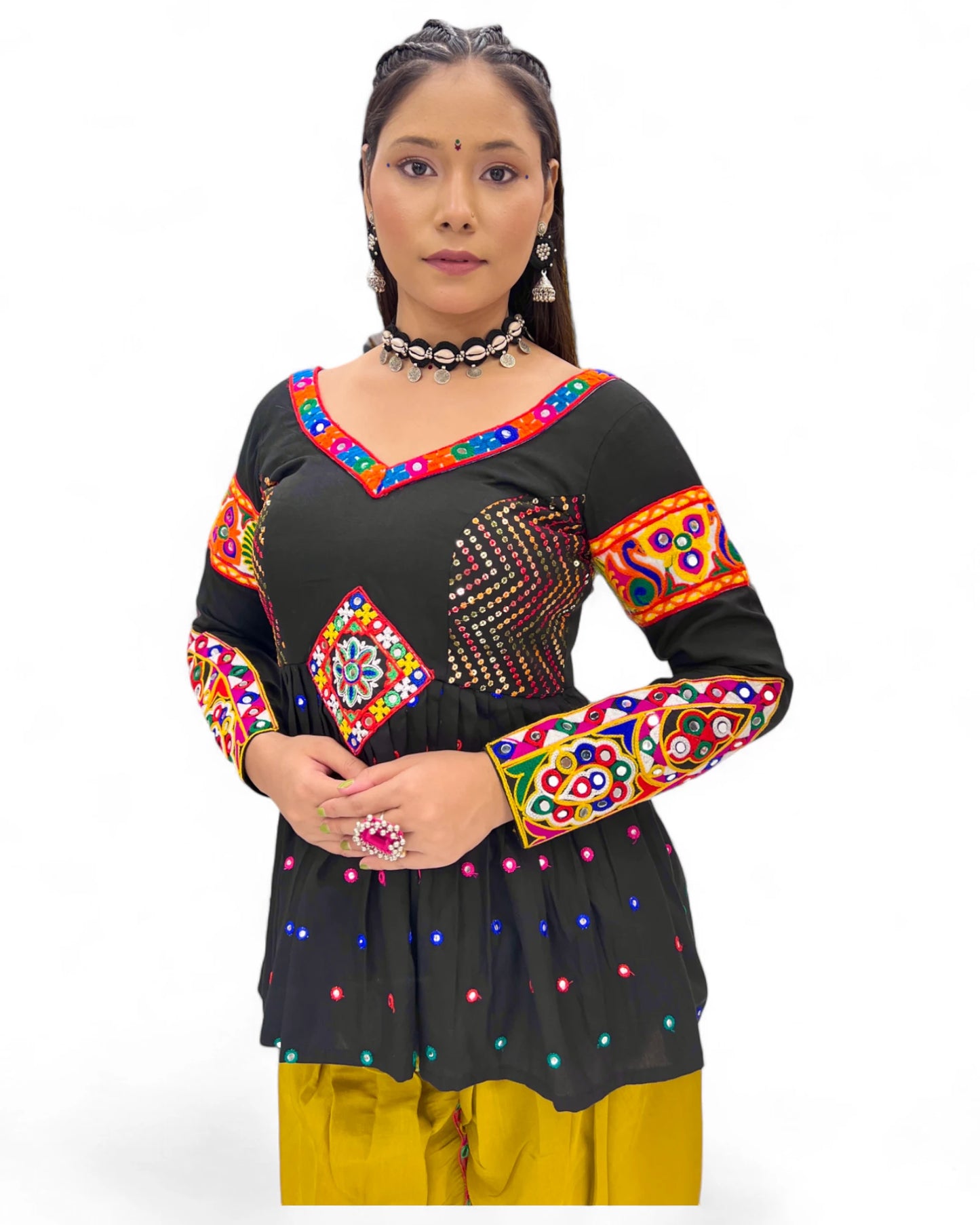 Black yellow rayon gamthi kedia navratri gujarati garba dhoti dadiya dress