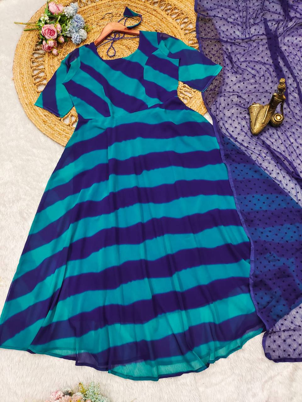 Blue leheriya printed georgette anarkali suit