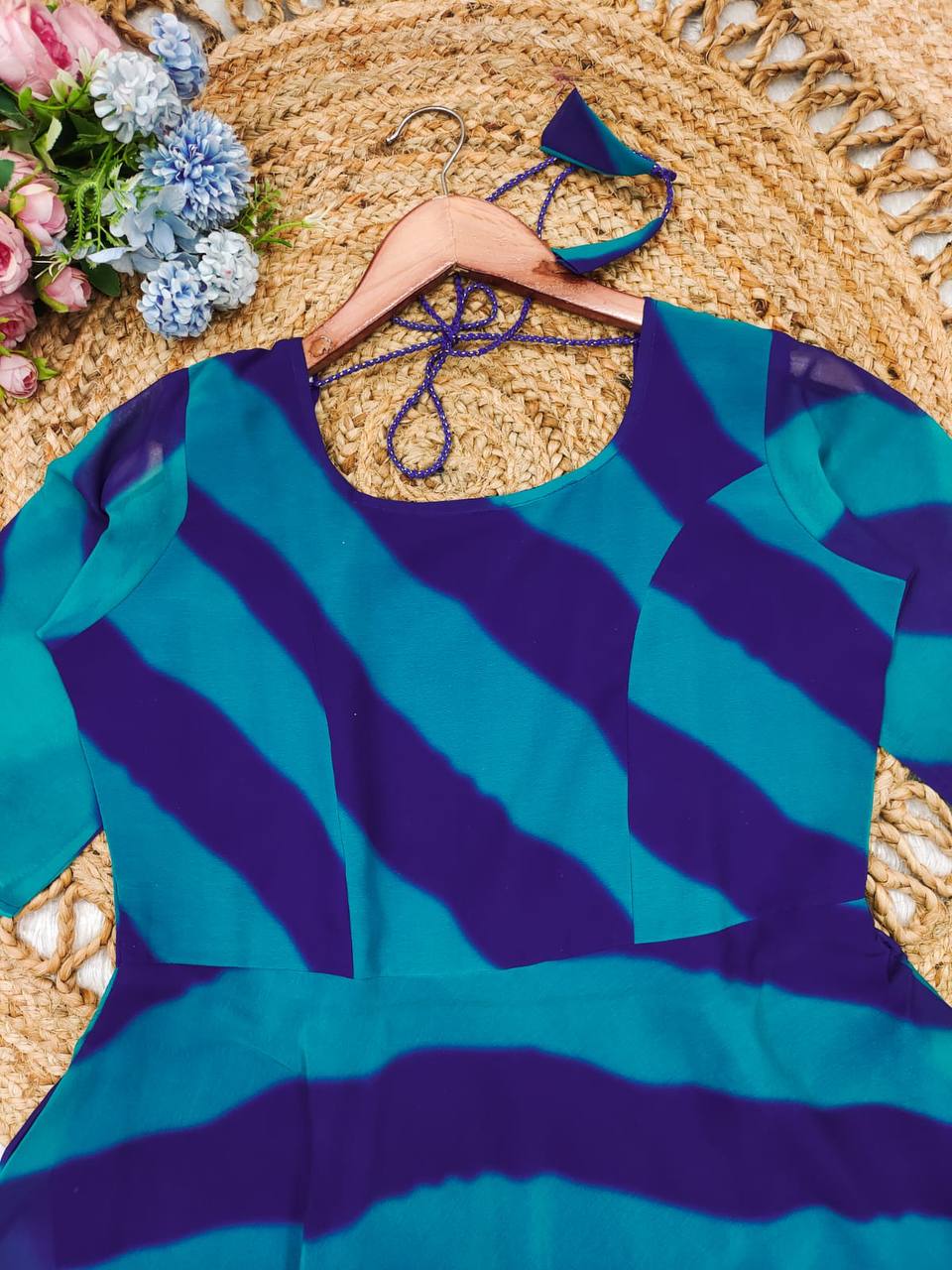 Blue leheriya printed georgette anarkali suit