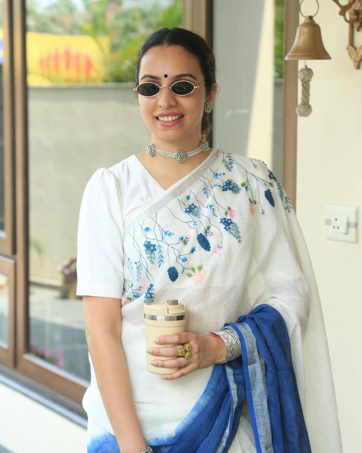 Blue white linen cotton designer printed saree