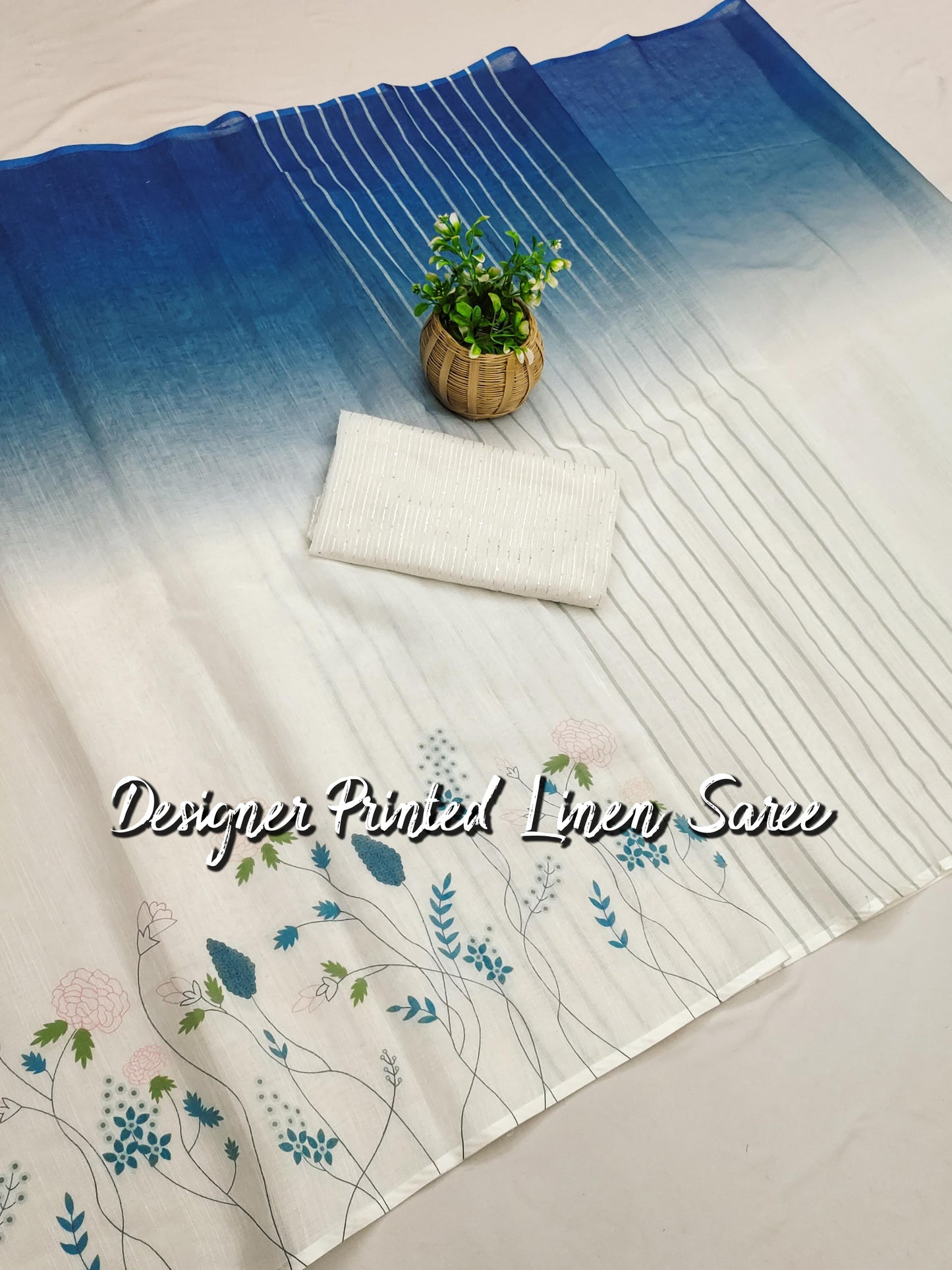 Blue white linen cotton designer printed saree