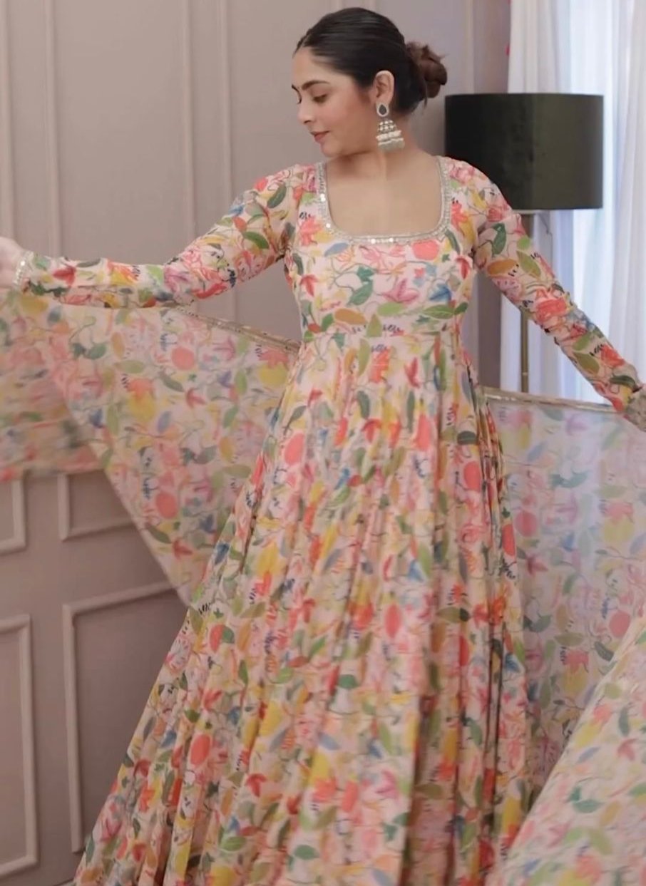 Cream multicolor floral printed stylish designer long anarkali suit