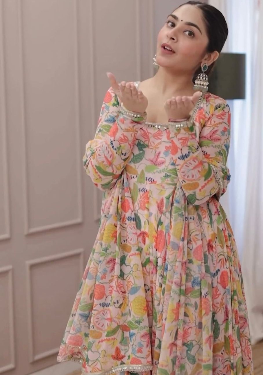 Cream multicolor floral printed stylish designer long anarkali suit