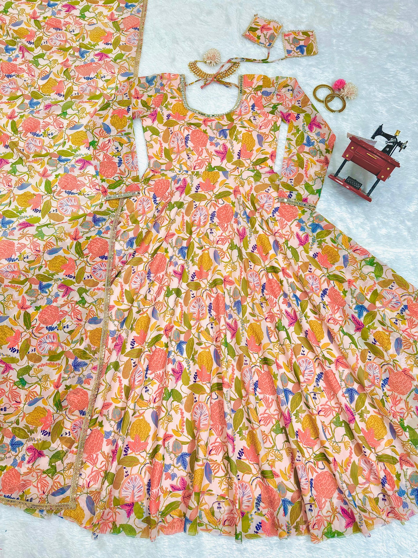 Cream multicolor floral printed stylish designer long anarkali suit