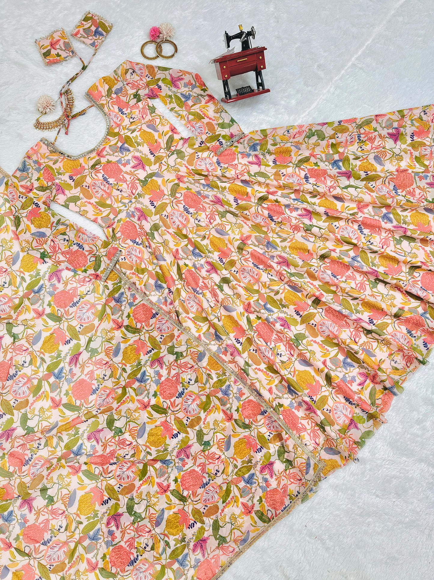 Cream multicolor floral printed stylish designer long anarkali suit