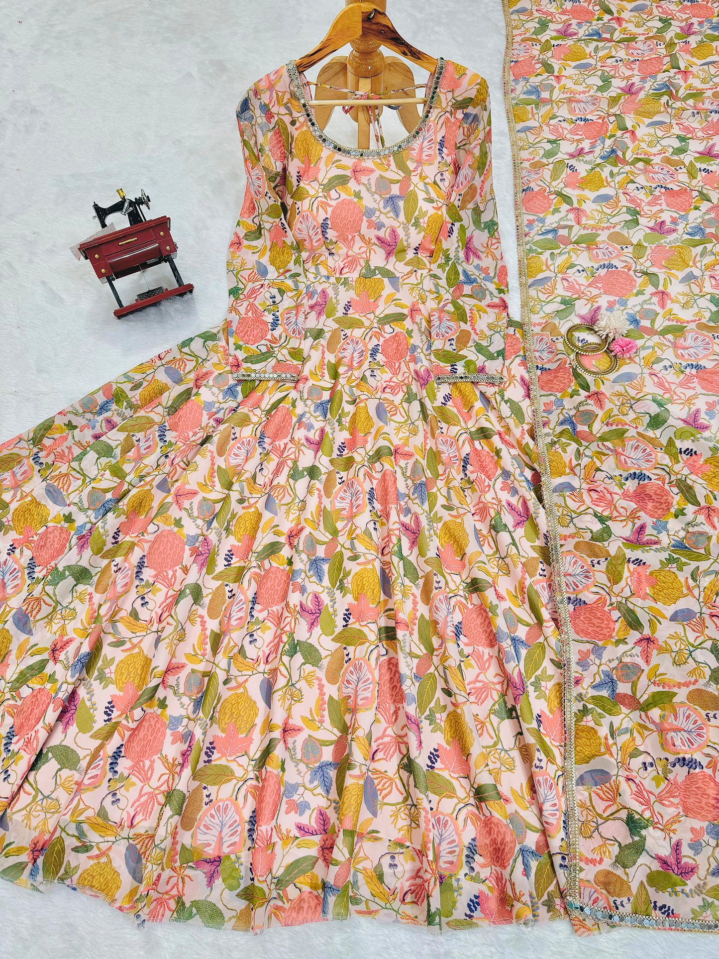 Cream multicolor floral printed stylish designer long anarkali suit