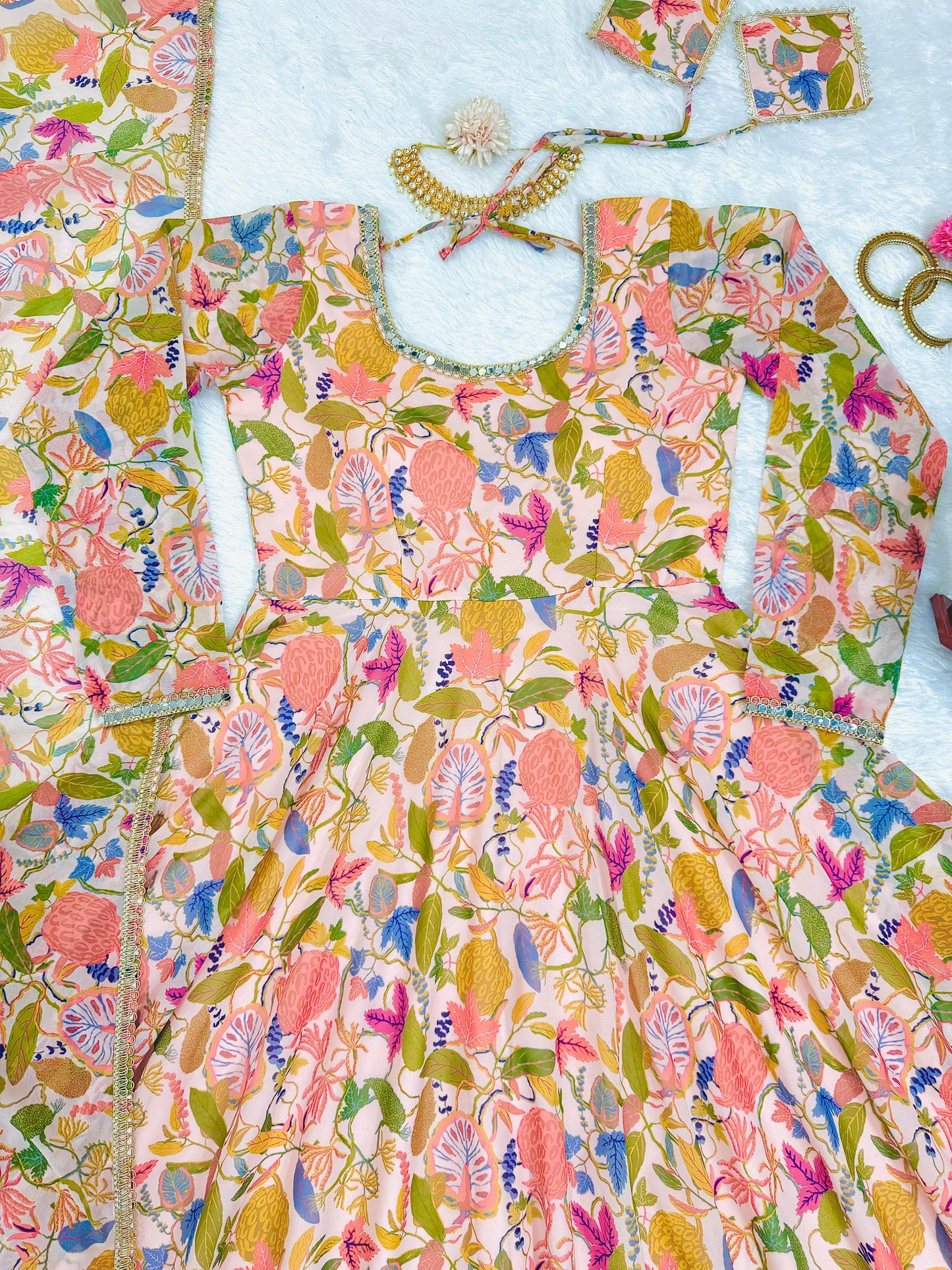 Cream multicolor floral printed stylish designer long anarkali suit