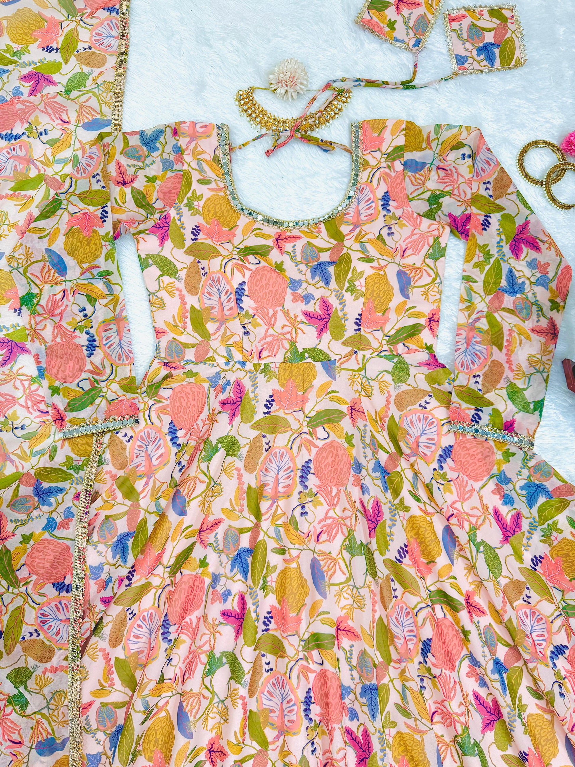 Cream multicolor floral printed stylish designer long anarkali suit